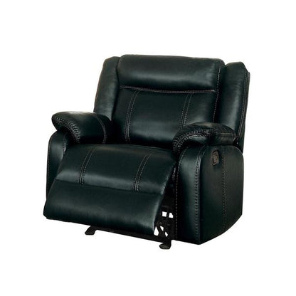 Homelegance Jude 3PC Double Reclining Sofa with Center Drop-Down Cup Holders, Double Glider Reclining Love Seat with Center Console & Glider Reclining Chair in Airehyde Leather - Black