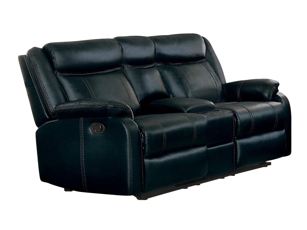 Homelegance Jude Double Glider Reclining Love Seat with Console in Black Airehyde Leather