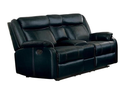 Homelegance Jude 2PC Double Reclining Sofa with Center Drop-Down Cup Holders & Double Glider Reclining Love Seat with Center Console in Airehyde Leather - Black