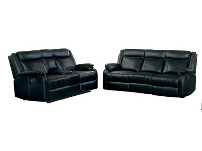 Homelegance Jude 2PC Double Reclining Sofa with Center Drop-Down Cup Holders & Double Glider Reclining Love Seat with Center Console in Airehyde Leather - Black