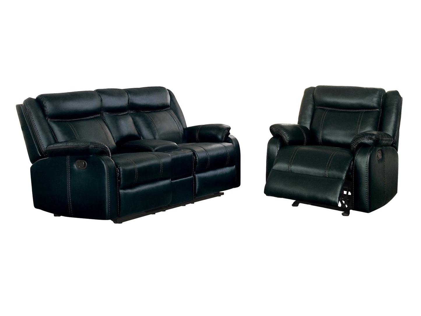 Homelegance Jude 2PC Double Glider Reclining Love Seat with Center Console & Glider Reclining Chair in Airehyde Leather - Black
