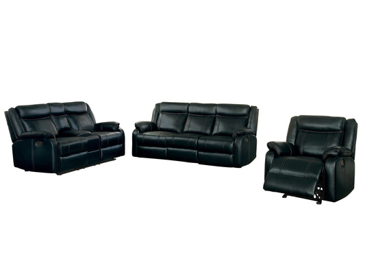 Homelegance Jude 3PC Double Reclining Sofa with Center Drop-Down Cup Holders, Double Glider Reclining Love Seat with Center Console & Glider Reclining Chair in Airehyde Leather - Black