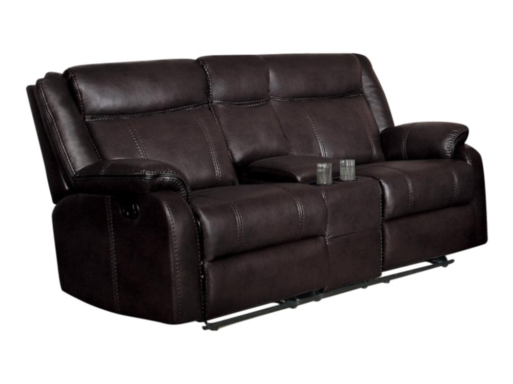 Homelegance Jude Double Glider Reclining Love Seat with Center Console in Airehyde Leather - Dark Brown