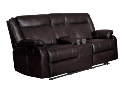 Homelegance Jude 2PC Double Reclining Sofa with Center Drop-Down Cup Holders & Double Glider Reclining Love Seat with Center Console in Airehyde Leather - Dark Brown