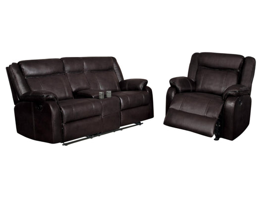 Homelegance Jude 2PC Double Glider Reclining Love Seat with Center Console & Glider Reclining Chair in Airehyde Leather - Dark Brown