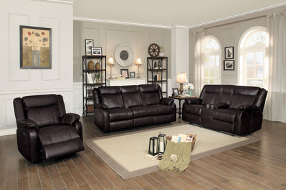 Homelegance Jude Double Reclining Sofa with Center Drop-Down Cup Holders in Airehyde Leather - Dark Brown