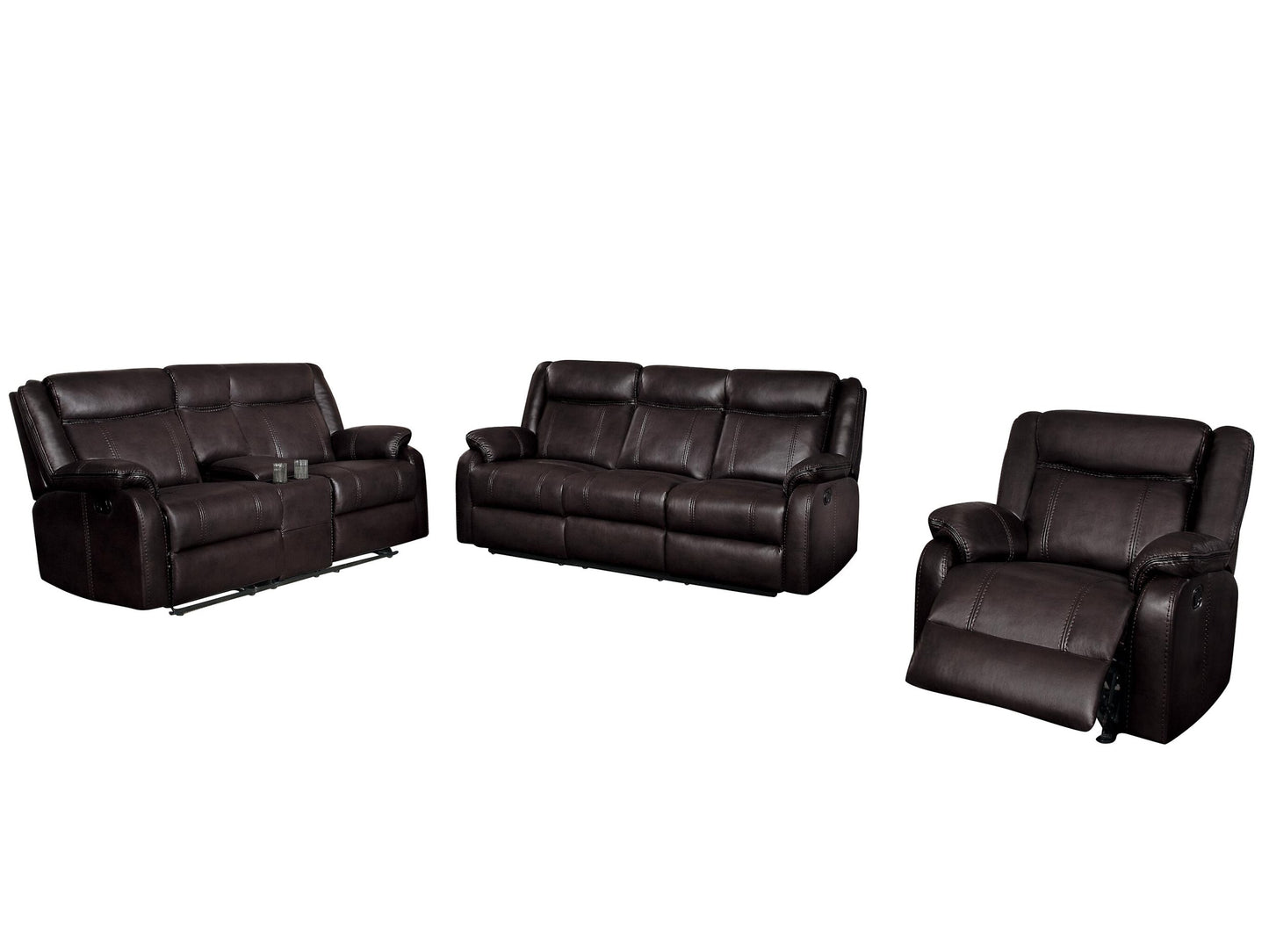 Homelegance Jude 3PC Double Reclining Sofa with Center Drop-Down Cup Holders, Double Glider Reclining Love Seat with Center Console & Glider Reclining Chair in Airehyde Leather - Dark Brown