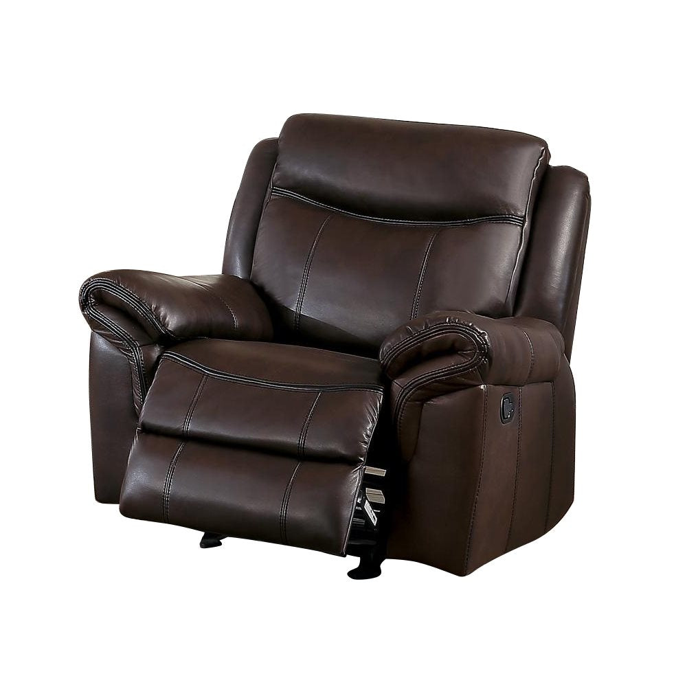 Homelegance Aram 3PC Double Reclining Sofa with Center Drop-Down Cup Holders, Double Glider Reclining Love Seat with Center Console & Glider Reclining Chair in Airehyde Leather - Dark Brown