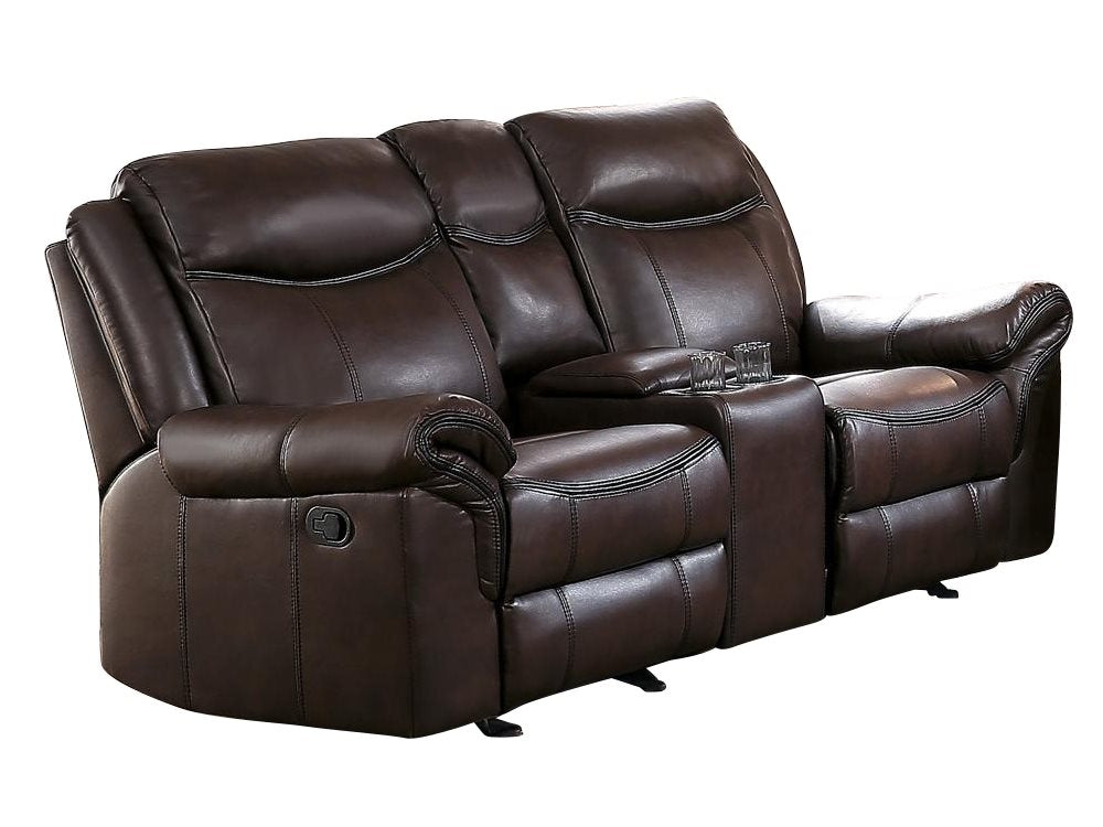 Homelegance Aram 3PC Double Reclining Sofa with Center Drop-Down Cup Holders, Double Glider Reclining Love Seat with Center Console & Glider Reclining Chair in Airehyde Leather - Dark Brown