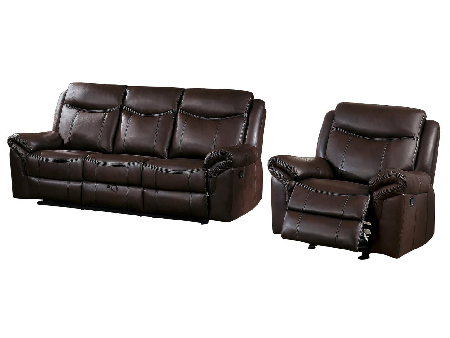 Homelegance Aram 2PC Double Reclining Sofa with Center Drop-Down Cup Holders & Glider Reclining Chair in Airehyde Leather - Brown