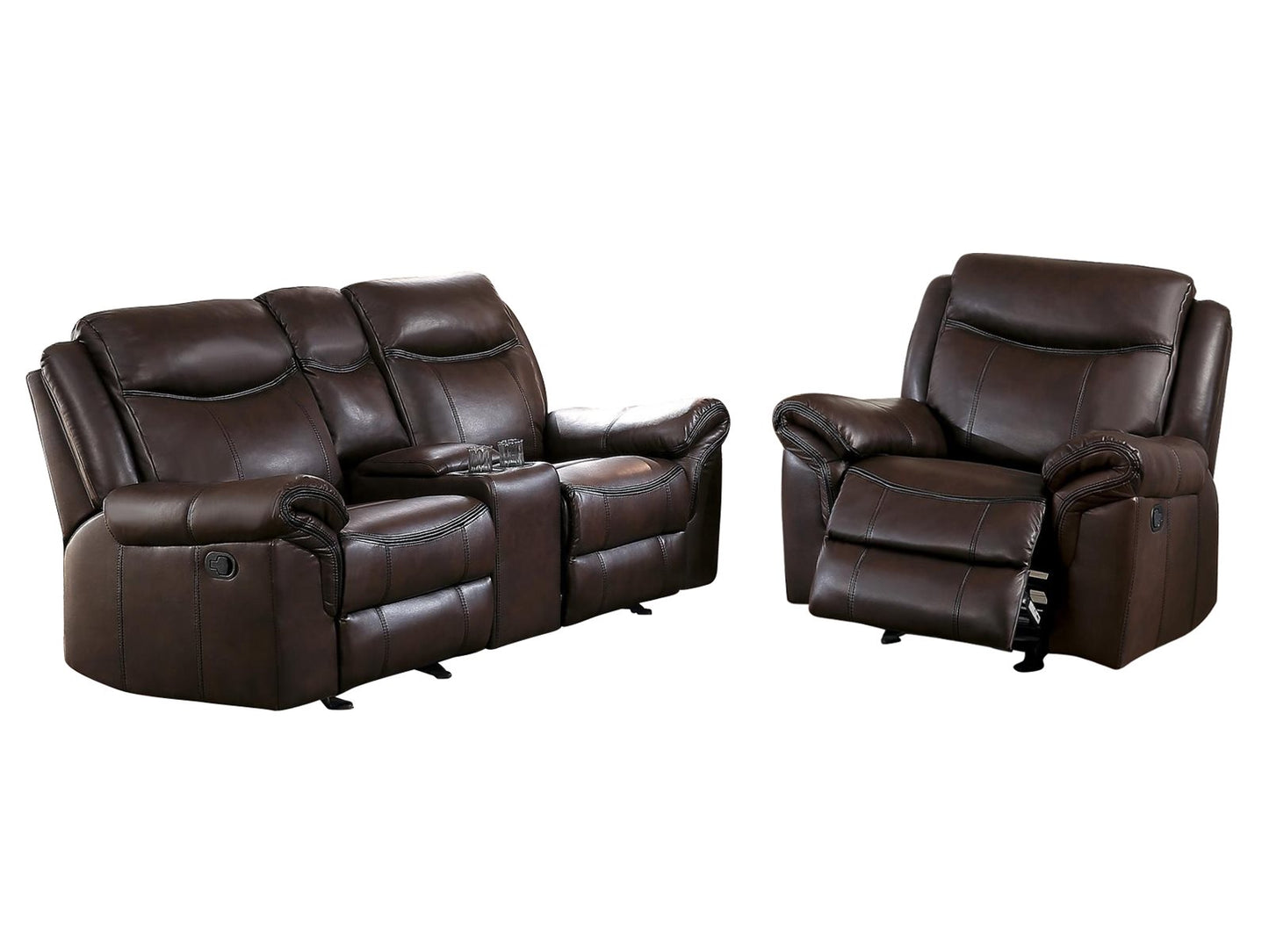 Homelegance Aram 2PC Double Glider Reclining Love Seat with Center Console & Glider Reclining Chair in Airehyde Leather - Dark Brown