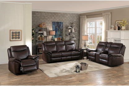 Homelegance Aram 3PC Double Reclining Sofa with Center Drop-Down Cup Holders, Double Glider Reclining Love Seat with Center Console & Glider Reclining Chair in Airehyde Leather - Dark Brown