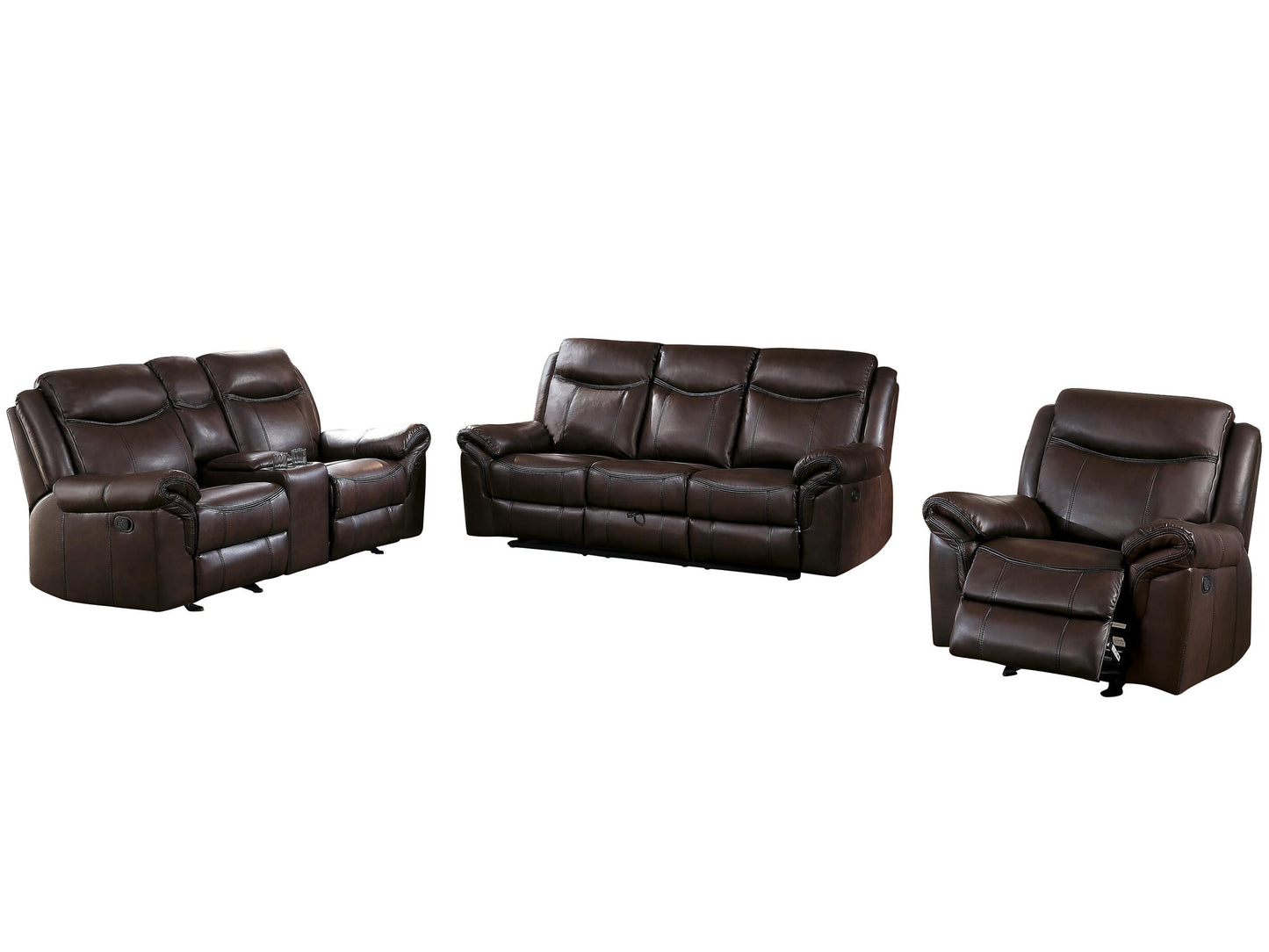 Homelegance Aram 3PC Double Reclining Sofa with Center Drop-Down Cup Holders, Double Glider Reclining Love Seat with Center Console & Glider Reclining Chair in Airehyde Leather - Dark Brown