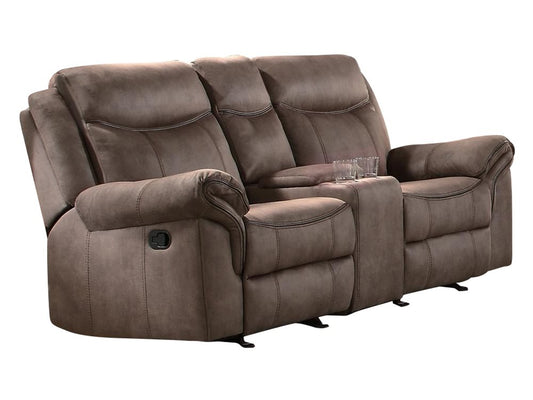 Homelegance Aram Double Glider Reclining Love Seat with Center Console and Receptacles in Airehyde Leather - Brown