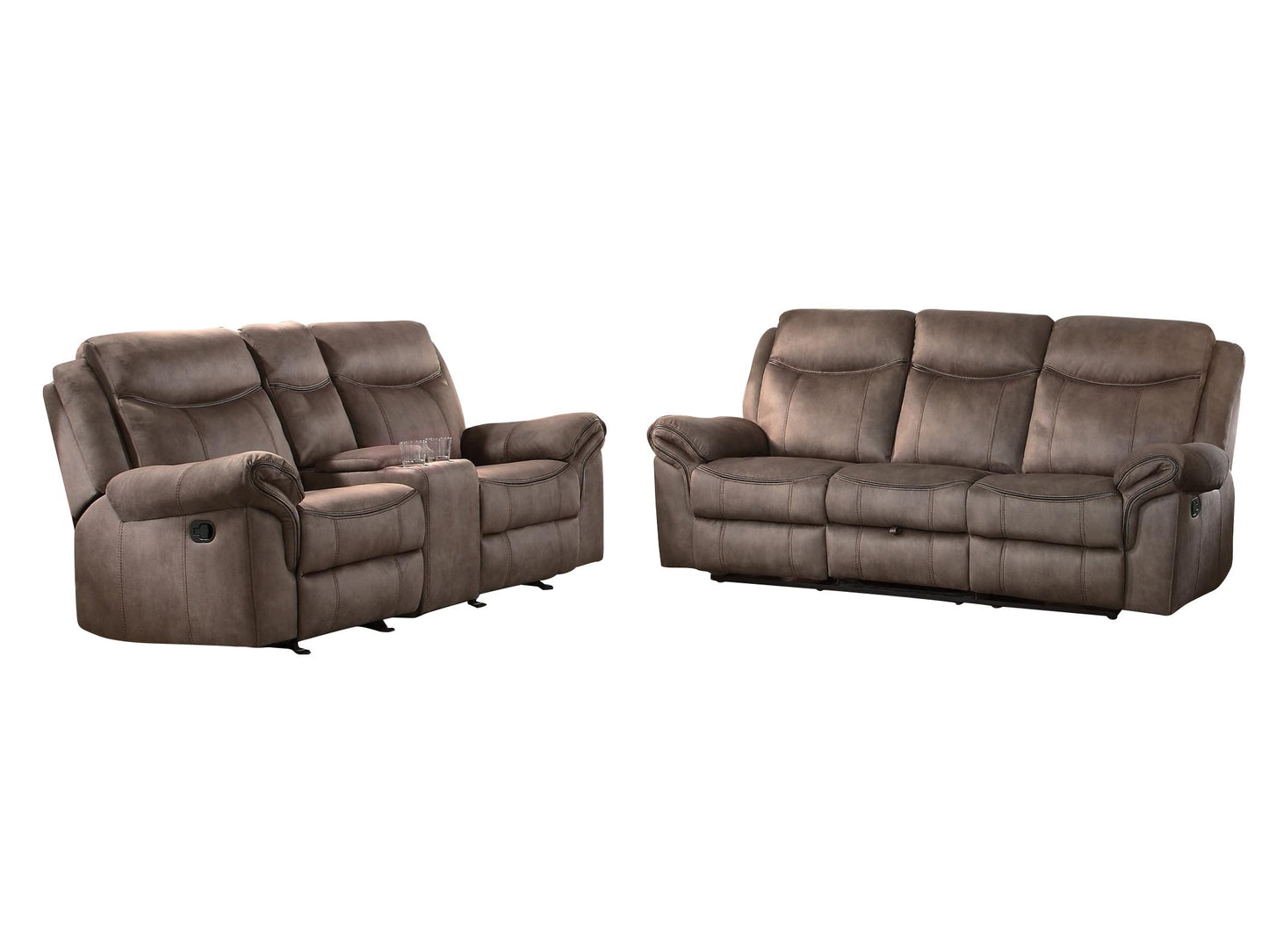 Homelegance Aram 2PC Double Reclining Sofa with Center Drop-Down Cup Holders & Double Glider Reclining Love Seat with Center Console and Receptacles in Airehyde Leather - Brown