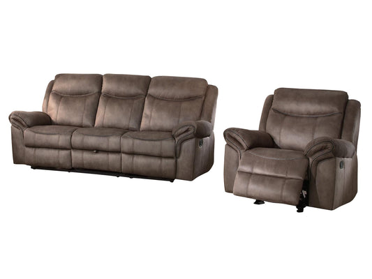 Homelegance Aram 2PC Double Reclining Sofa with Center Drop-Down Cup Holders & Glider Reclining Chair in Airehyde Leather - Dark Brown