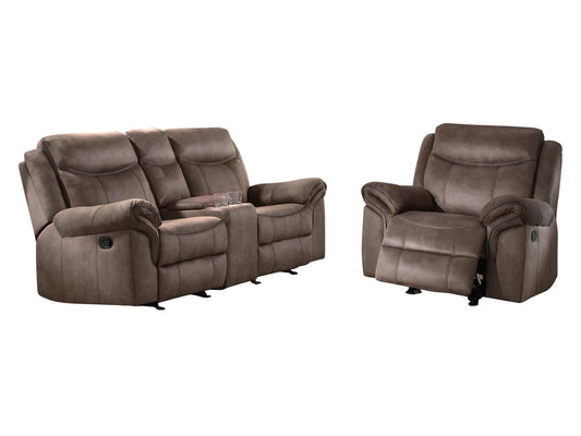 Homelegance Aram 2PC Double Glider Reclining Love Seat with Center Console and Receptacles & Glider Reclining Chair in Airehyde Leather - Brown