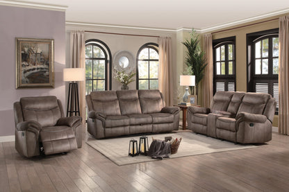 Homelegance Aram 3PC Double Reclining Sofa with Center Drop-Down Cup Holders, Double Glider Reclining Love Seat with Center Console and Receptacles & Glider Reclining Chair in Airehyde Leather - Brown