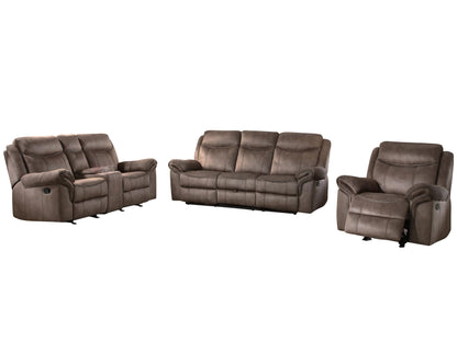 Homelegance Aram 3PC Double Reclining Sofa with Center Drop-Down Cup Holders, Double Glider Reclining Love Seat with Center Console and Receptacles & Glider Reclining Chair in Airehyde Leather - Brown