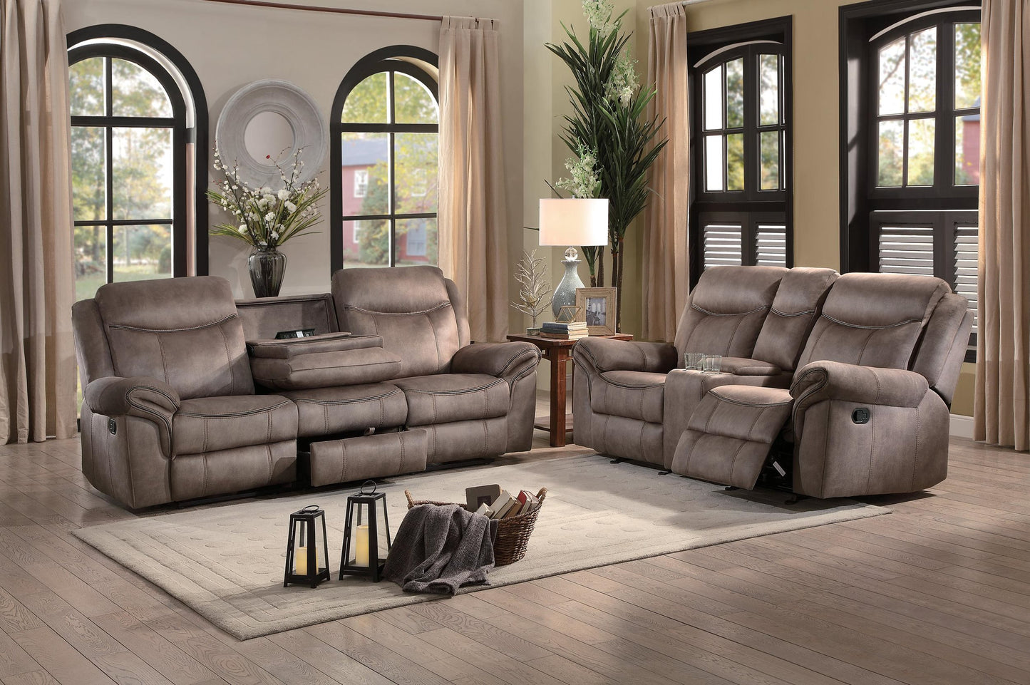 Homelegance Aram 2PC Double Reclining Sofa with Center Drop-Down Cup Holders & Double Glider Reclining Love Seat with Center Console and Receptacles in Airehyde Leather - Brown