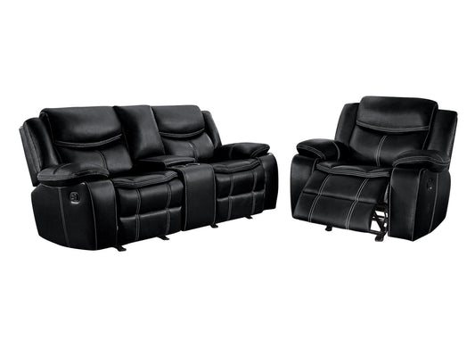 Homelegance Bastrop 2PC Double Glider Reclining Love Seat with Center Console & Glider Reclining Chair in Leather - Black