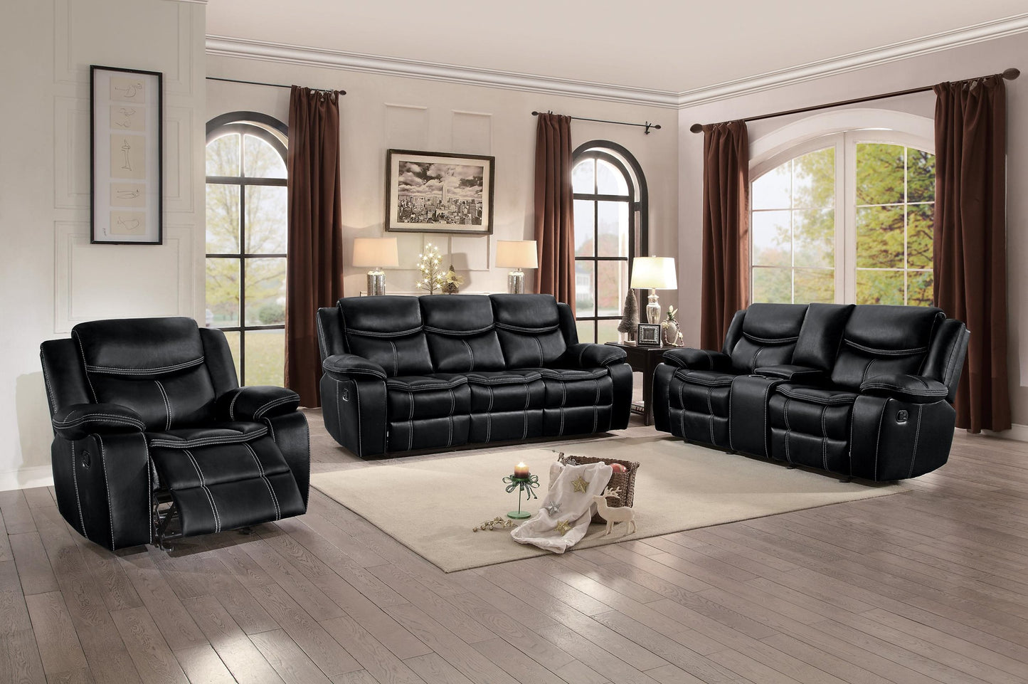 Homelegance Bastrop Double Glider Reclining Love Seat with Center Console in Leather - Black