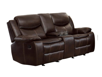 Homelegance Bastrop 2PC Double Reclining Sofa & Double Glider Reclining Love Seat with Center Console in Leather - Dark Brown