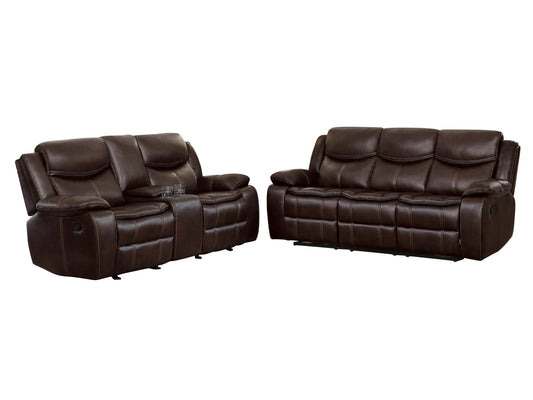 Homelegance Bastrop 2PC Double Reclining Sofa & Double Glider Reclining Love Seat with Center Console in Leather - Dark Brown
