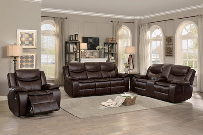 Homelegance Bastrop 3PC Double Reclining Sofa, Double Glider Reclining Love Seat with Center Console & Glider Reclining Chair in Leather - Dark Brown