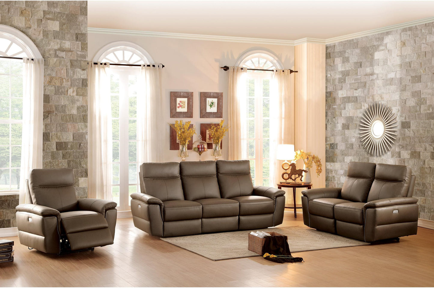 Homelegance Olympia 2PC Power Double Reclining Sofa & Double Reclining Love Seat in Top Grain Leather - Raisin