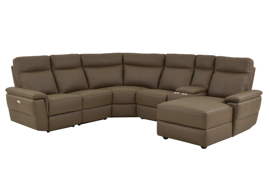Homelegance Olympia 6PC Power Sectional Left Chair, Console, 2 Chair, Corner & Right Chaise in Brown Taupe Top Grain Leather