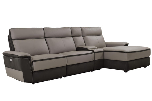 Homelegance Laertes 4PC Power Sectional Right Recliner Chair, Chair, Console & Left Chaise in Top Grain Grey Leather