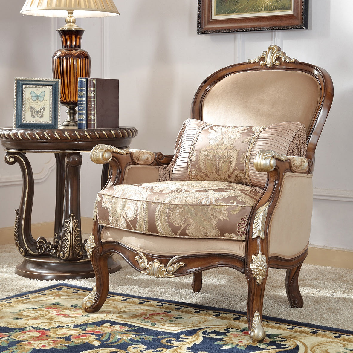 Fabric Accent Chair in Mahogany Finish European Traditional Victorian