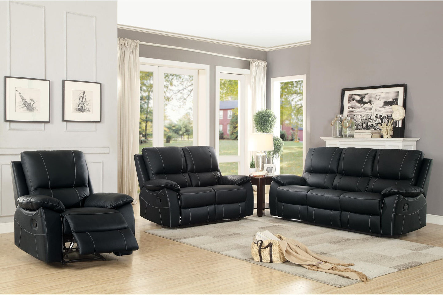 Homelegance Greeley 3PC Double Reclining Sofa, Love Seat & Recliner Chair in Black Leather