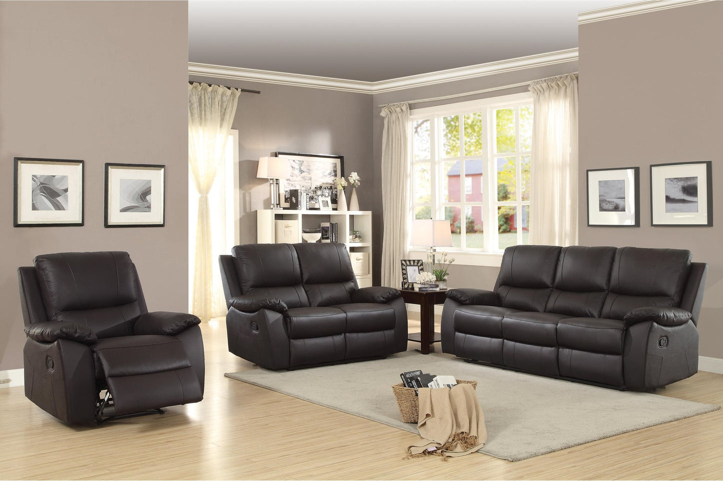 Homelegance Greeley 3PC Double Reclining Sofa, Love Seat & Recliner Chair in Brown Leather