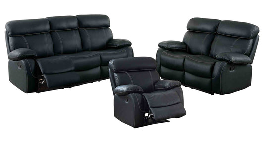 Homelegance Pendu 3PC Double Reclining Sofa, Love Seat & Recliner Chair in Black Leather