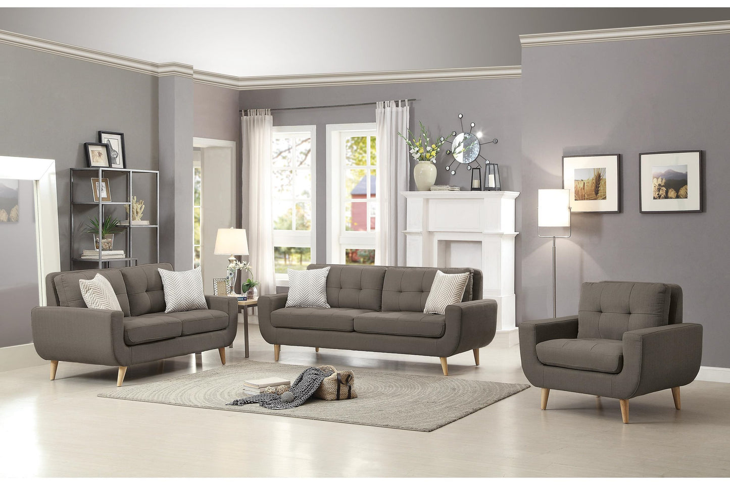 Homelegance Deryn 3PC Sofa, Love Seat & Chair in Grey Fabric