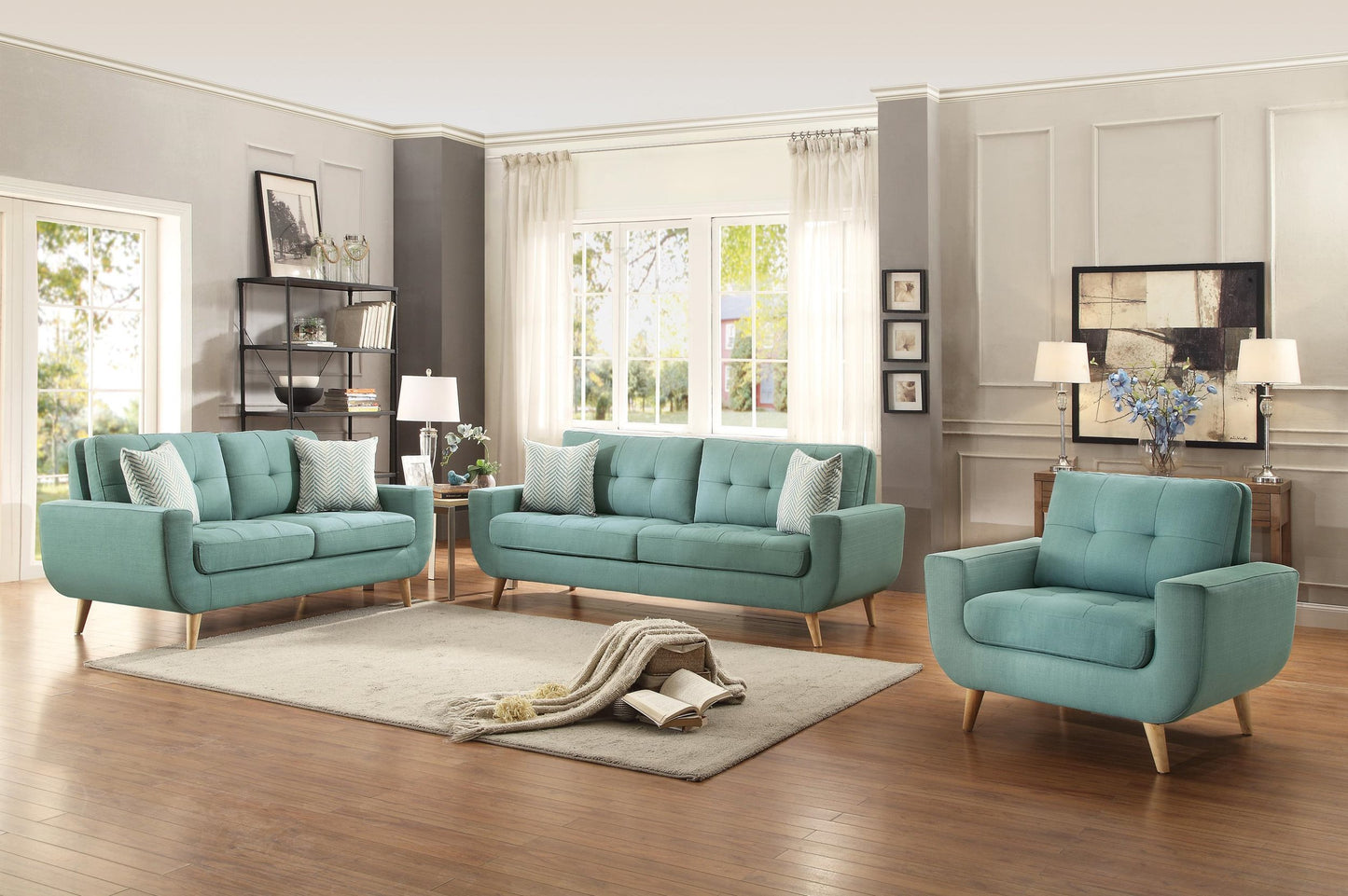 Homelegance Deryn 3PC Sofa, Love Seat & Chair in Teal Fabric