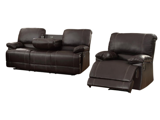 Homelegance Cassville 2PC Set Double Reclining Drop-Down Cup Holder Sofa & Recliner Chair in Dark Brown Leather