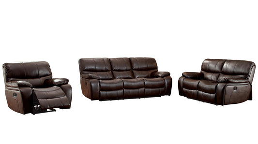 Homelegance All foam 3PC Double Reclining Sofa, Double Reclining Love Seat & Glider Reclining Chair in Leather - Dark Brown