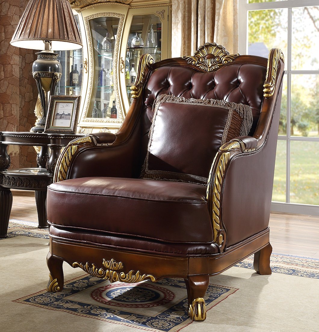 Leather Chair in Mahogany & Metallic Bright Gold Finish C89 European Victorian