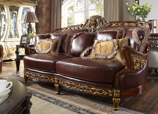 Leather Sofa in Mahogany & Metallic Bright Gold Finish S89 European Victorian