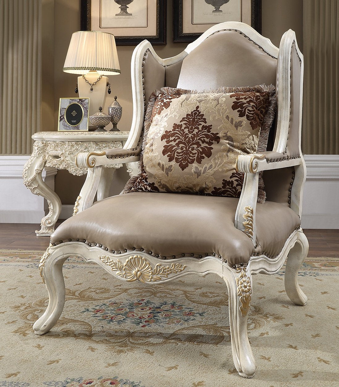 Leather Chair in Cove White & Metallic Bright Gold Accent Finish C90 European