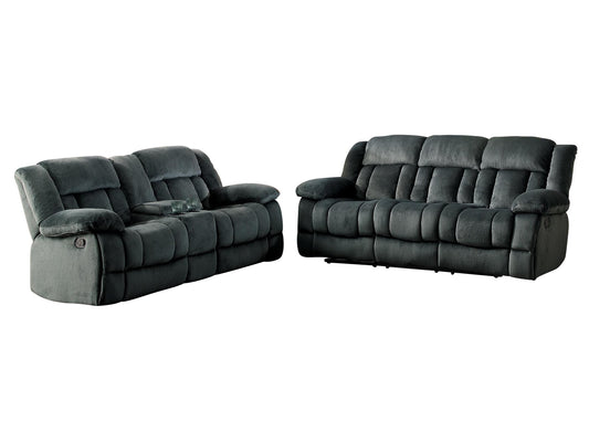 Homelegance Laurelton 2PC Double Reclining Sofa & Double Glider Reclining Love Seat with Center Console in Microfiber - Charcoal