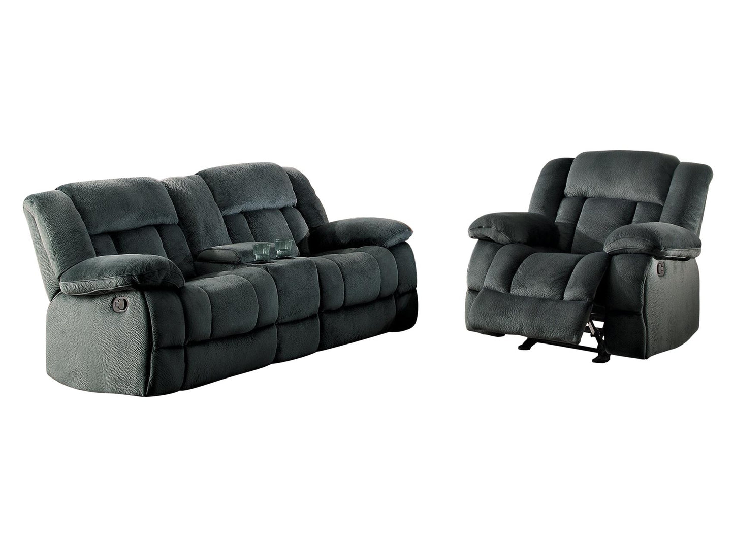 Homelegance Laurelton 2PC Double Glider Reclining Love Seat with Center Console & Glider Reclining Chair in Microfiber - Charcoal