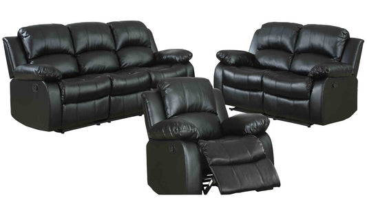 Homelegance Cranley 3PC Set Double Reclining Sofa, Love Seat & Recliner Chair in Leather - Black