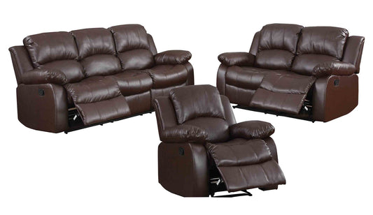 Homelegance Cranley 3PC Set Double Reclining Sofa, Love Seat & Recliner Chair in Leather - Brown