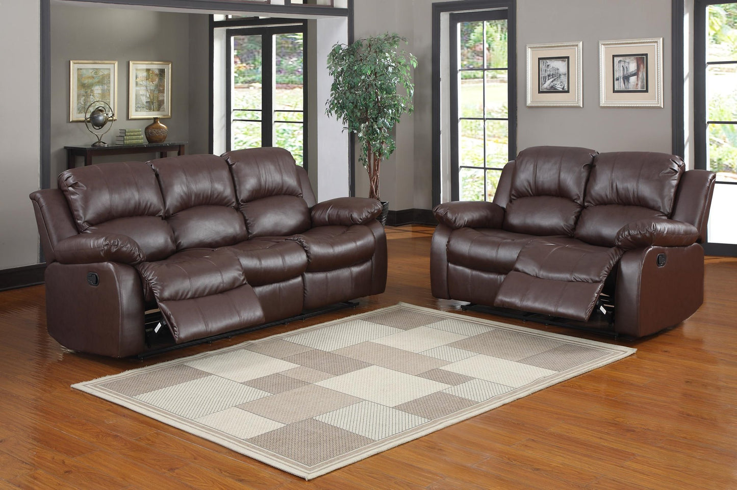 Homelegance Cranley 3PC Set Double Reclining Sofa, Love Seat & Recliner Chair in Leather - Brown