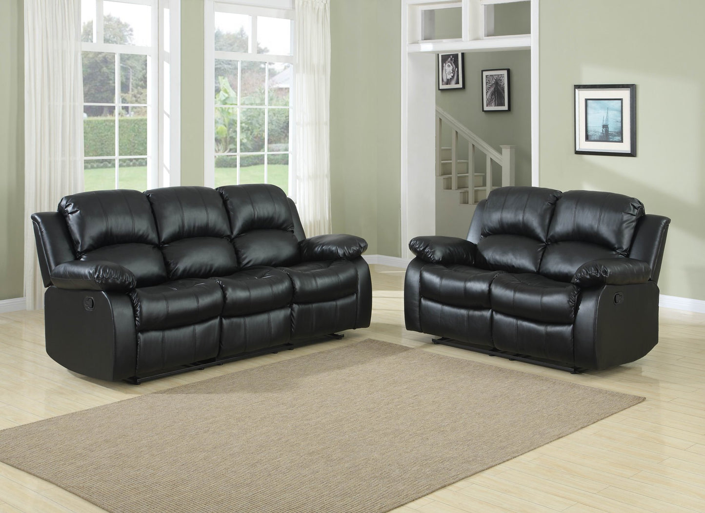 Homelegance Cranley 3PC Set Double Reclining Sofa, Love Seat & Recliner Chair in Leather - Black