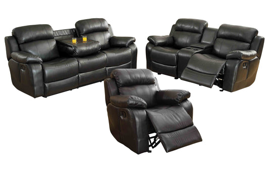 Homelegance Marille3PC Set Double Reclining Sofa, Love Seat with Console & Glider Recliner Chair in Leather - Black